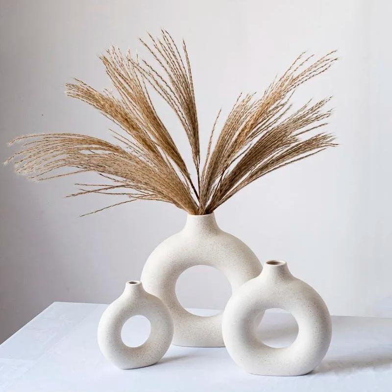 Vase קרמיקה חלולה עגול vase סופגניות nordic אמנות pampas דשא בית קישוט אביזרים למשרד סלון עיצוב פנים